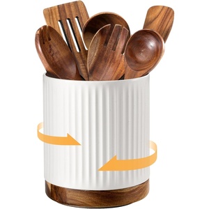 image:imageDOWAN 360 Rotating Extra Large Cooking Utensil Holder 76 Kitchen Utensil Holder for Countertop Utensil Crock for Farmhouse Kitchen Decor Ceramic Stable Utensil Caddy Soft WhiteWhite Stripes