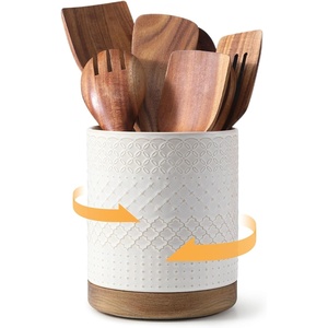 image:imageDOWAN 360 Rotating Extra Large Cooking Utensil Holder 76 Kitchen Utensil Holder for Countertop Utensil Crock for Farmhouse Kitchen Decor Ceramic Stable Utensil Caddy Soft WhiteWhite Embossed