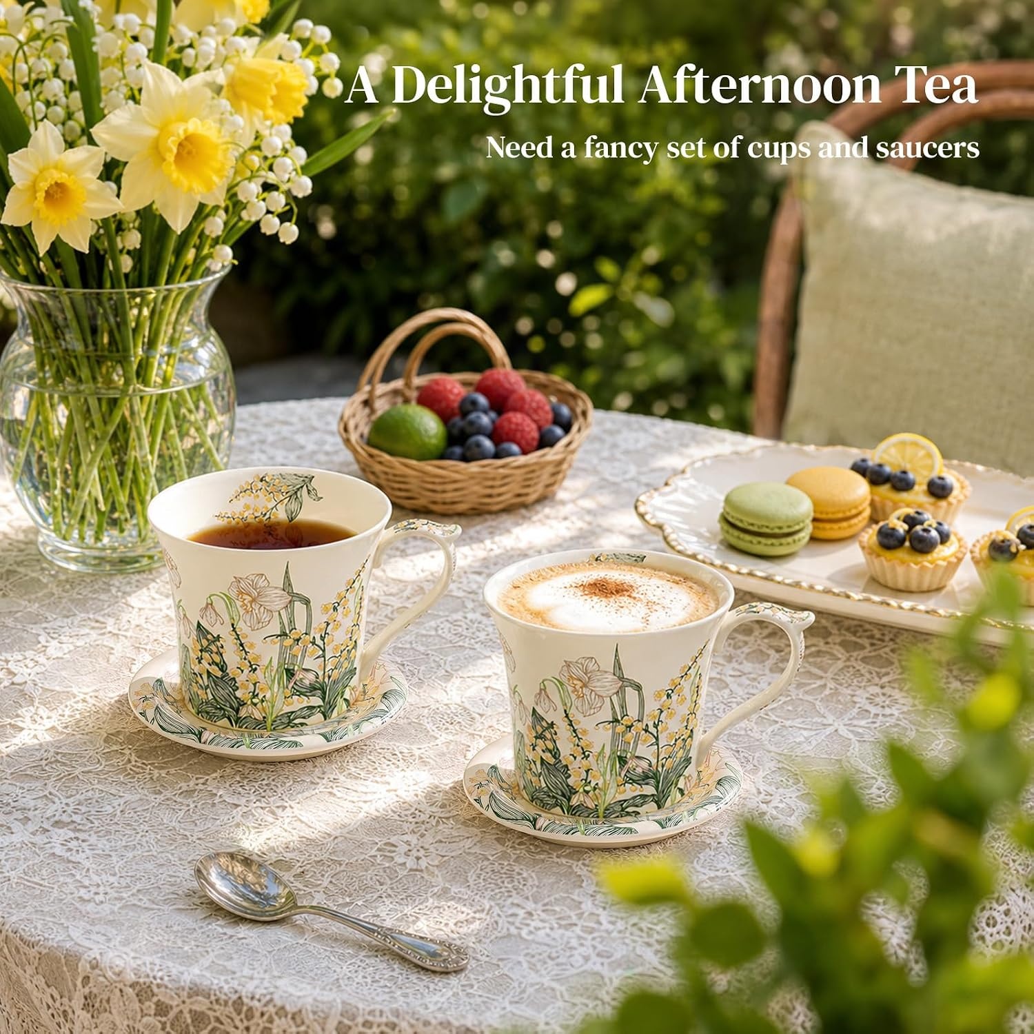 image:imageDOWAN 14 oz Coffee Mug and Saucer Set Ceramic Floral Mug for Cappuccino Latte Hot Cocoa and Tea Vintage Tea Cup Set for Women Gift Mug Green MugGreen Daffodil