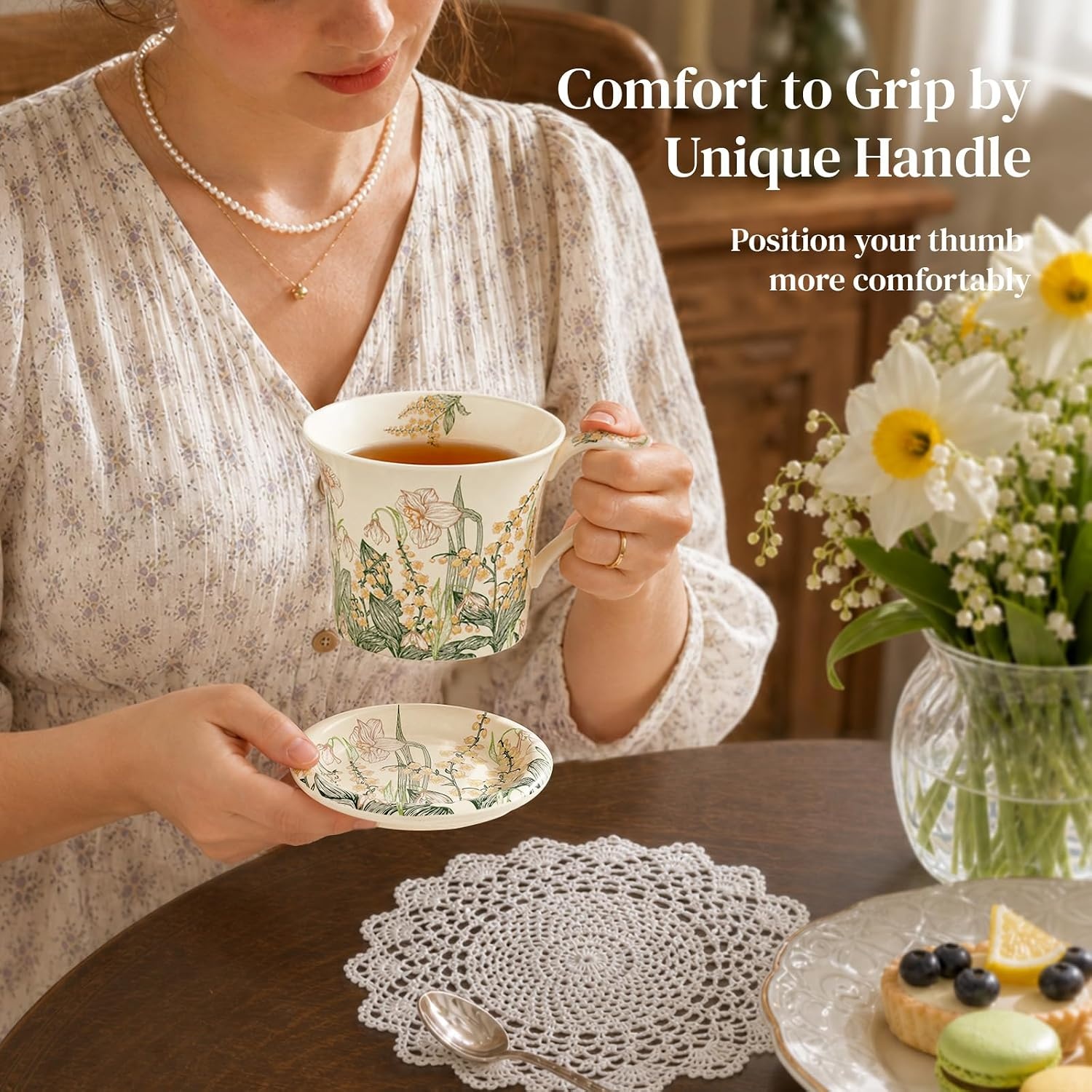 image:imageDOWAN 14 oz Coffee Mug and Saucer Set Ceramic Floral Mug for Cappuccino Latte Hot Cocoa and Tea Vintage Tea Cup Set for Women Gift Mug Green MugGreen Daffodil