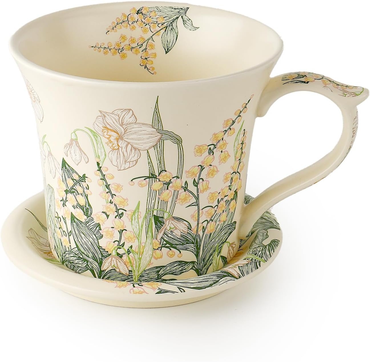image:imageDOWAN 14 oz Coffee Mug and Saucer Set Ceramic Floral Mug for Cappuccino Latte Hot Cocoa and Tea Vintage Tea Cup Set for Women Gift Mug Green MugGreen Daffodil