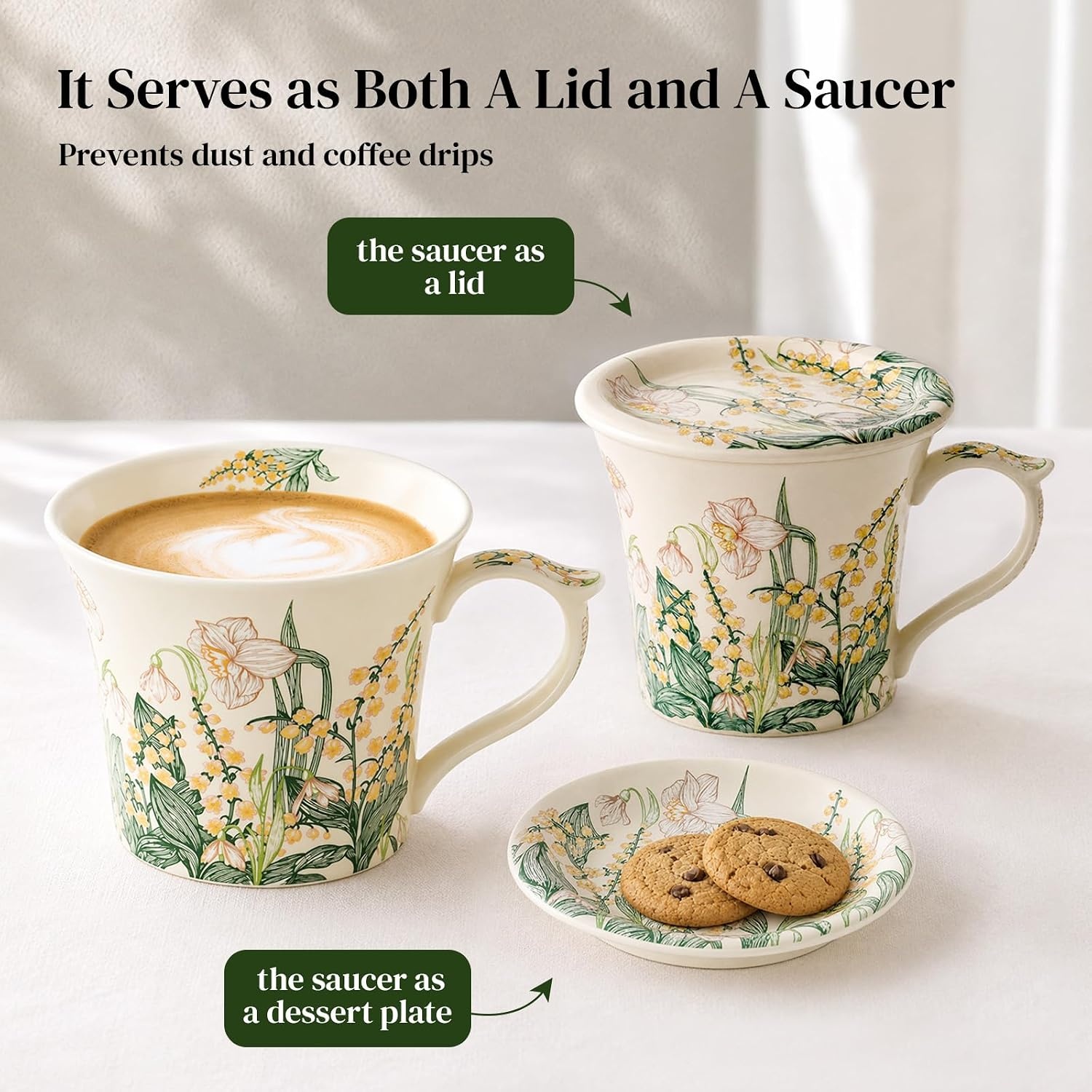 image:imageDOWAN 14 oz Coffee Mug and Saucer Set Ceramic Floral Mug for Cappuccino Latte Hot Cocoa and Tea Vintage Tea Cup Set for Women Gift Mug Green MugGreen Daffodil