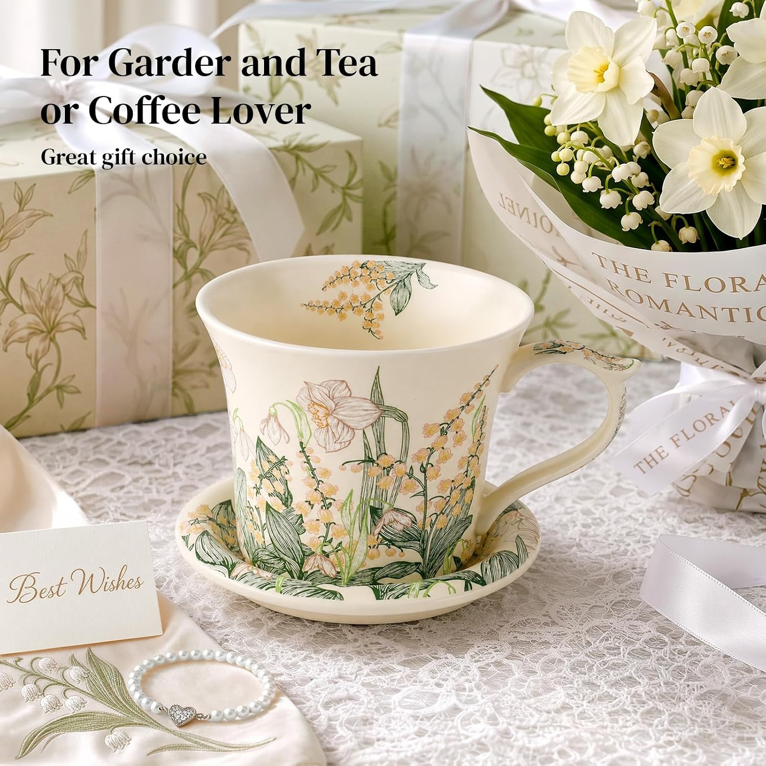 image:imageDOWAN 14 oz Coffee Mug and Saucer Set Ceramic Floral Mug for Cappuccino Latte Hot Cocoa and Tea Vintage Tea Cup Set for Women Gift Mug Green MugGreen Daffodil