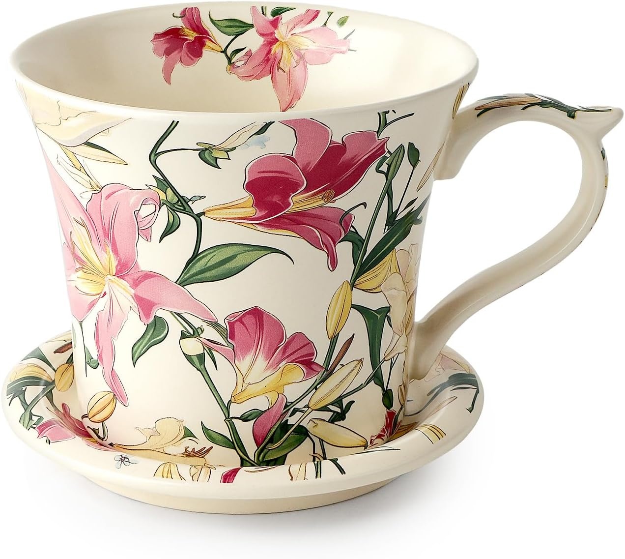 image:imageDOWAN 14 oz Coffee Mug and Saucer Set Ceramic Floral Mug for Cappuccino Latte Hot Cocoa and Tea Vintage Tea Cup Set for Women Gift Mug Green MugPink Lily