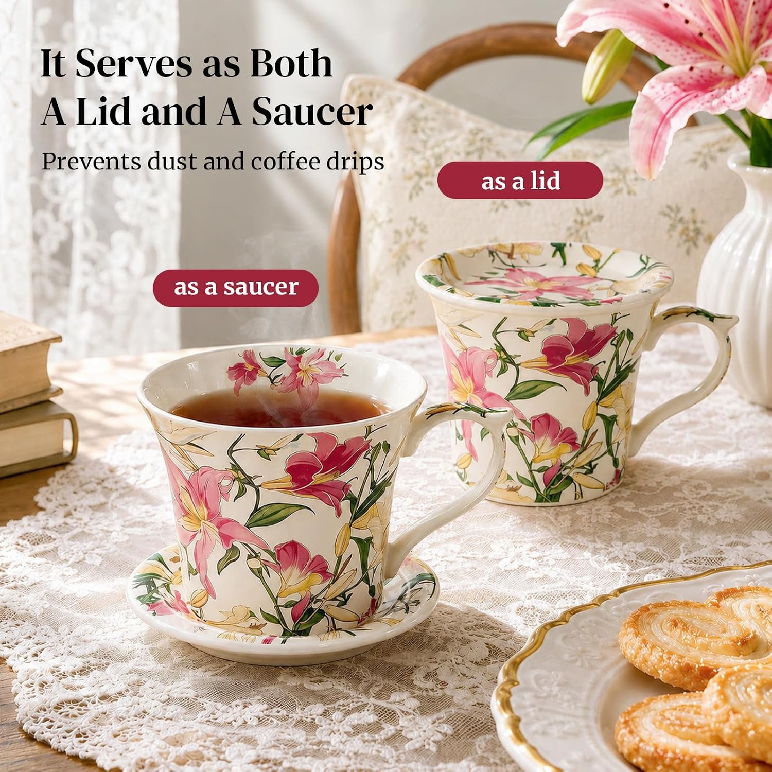 image:imageDOWAN 14 oz Coffee Mug and Saucer Set Ceramic Floral Mug for Cappuccino Latte Hot Cocoa and Tea Vintage Tea Cup Set for Women Gift Mug Green MugPink Lily