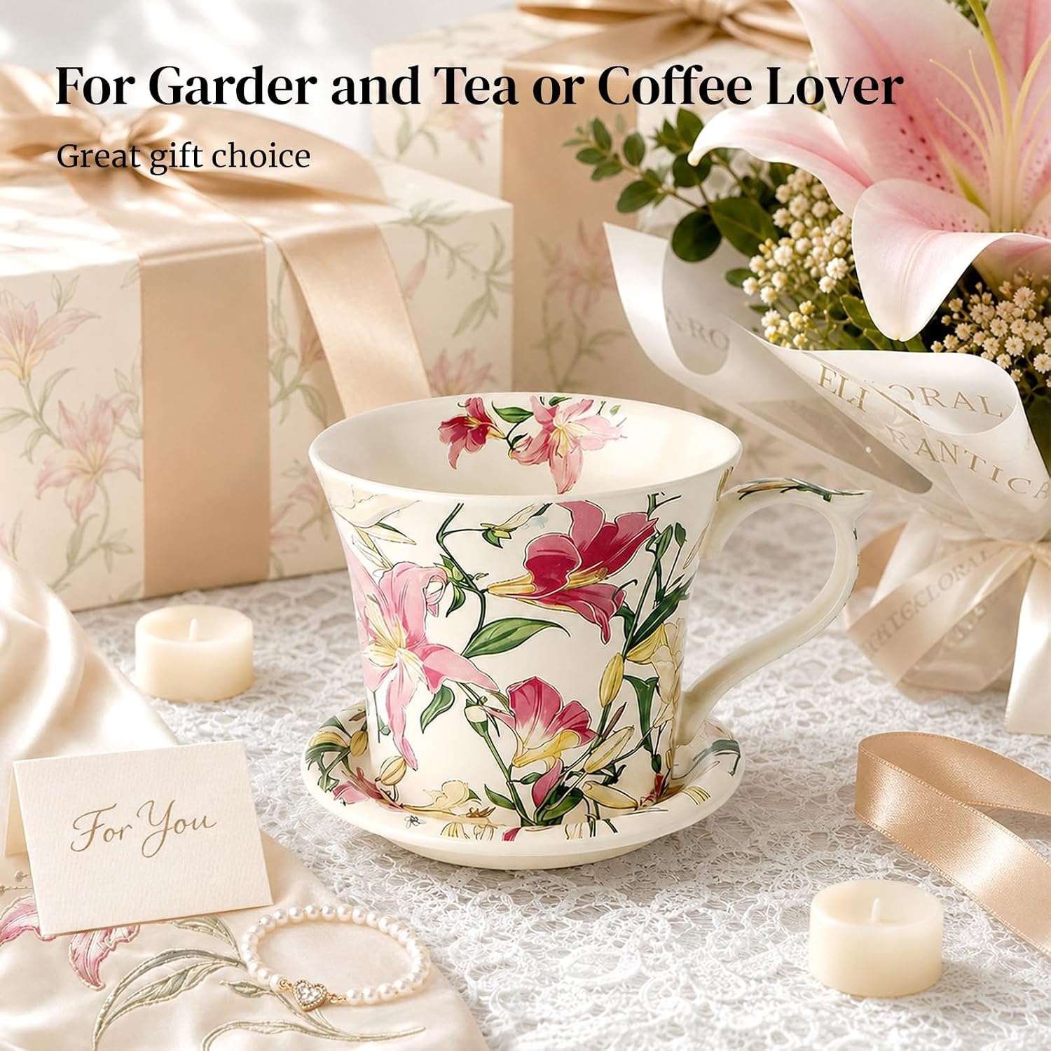 image:imageDOWAN 14 oz Coffee Mug and Saucer Set Ceramic Floral Mug for Cappuccino Latte Hot Cocoa and Tea Vintage Tea Cup Set for Women Gift Mug Green MugPink Lily