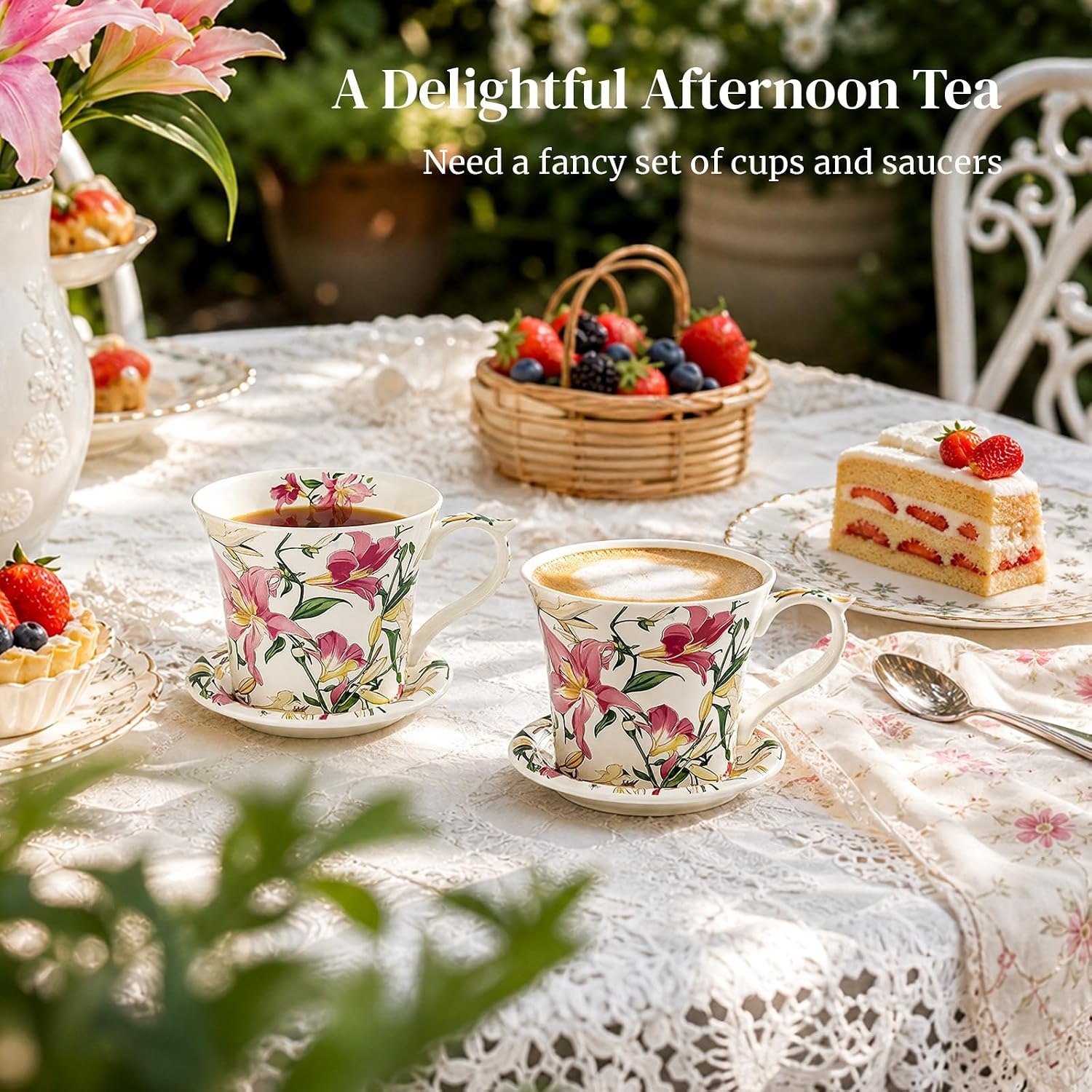 image:imageDOWAN 14 oz Coffee Mug and Saucer Set Ceramic Floral Mug for Cappuccino Latte Hot Cocoa and Tea Vintage Tea Cup Set for Women Gift Mug Green MugPink Lily