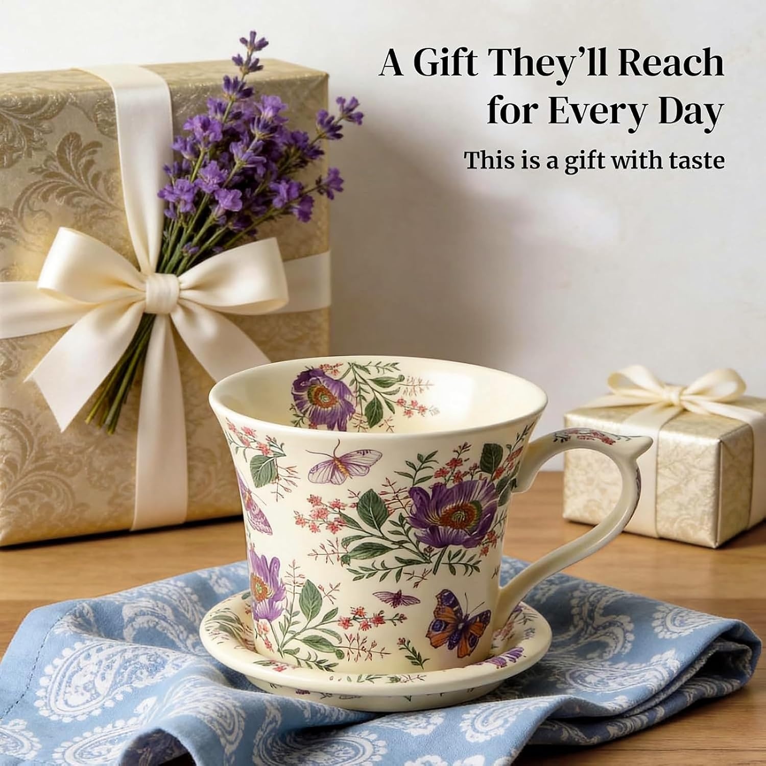 image:imageDOWAN 14 oz Coffee Mug and Saucer Set Ceramic Floral Mug for Cappuccino Latte Hot Cocoa and Tea Vintage Tea Cup Set for Women Gift Mug Green MugPurple Flower