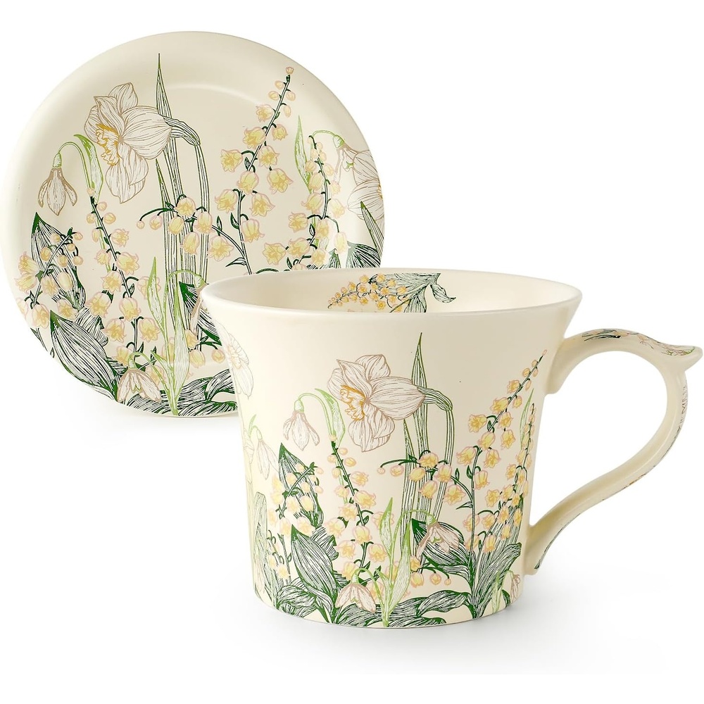 image:imageDOWAN 14 oz Coffee Mug and Saucer Set Ceramic Floral Mug for Cappuccino Latte Hot Cocoa and Tea Vintage Tea Cup Set for Women Gift Mug Green MugGreen Daffodil