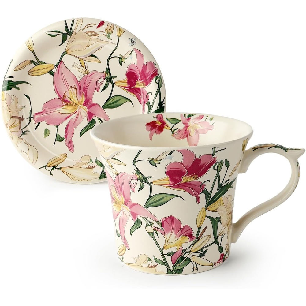 image:imageDOWAN 14 oz Coffee Mug and Saucer Set Ceramic Floral Mug for Cappuccino Latte Hot Cocoa and Tea Vintage Tea Cup Set for Women Gift Mug Green MugPink Lily