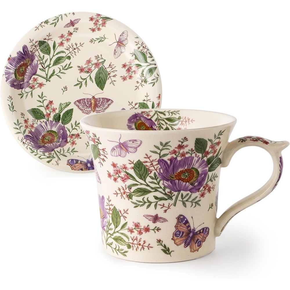 image:imageDOWAN 14 oz Coffee Mug and Saucer Set Ceramic Floral Mug for Cappuccino Latte Hot Cocoa and Tea Vintage Tea Cup Set for Women Gift Mug Green MugPurple Flower