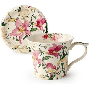 image:imageDOWAN 14 oz Coffee Mug and Saucer Set Ceramic Floral Mug for Cappuccino Latte Hot Cocoa and Tea Vintage Tea Cup Set for Women Gift Mug Green MugPink Lily