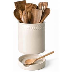 image:imageDOWAN 67 Ceramic Utensil Holder with Drain Tray for Wooden Spoons Beige