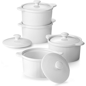 image:imageDOWAN Ramekins with Lids Oven Safe 5 oz Creme Brulee Ramekin Souffle Dishes Porcelain Small Bowls with Cover and Handle for Baking Stackable Set of 4 White10 OZ