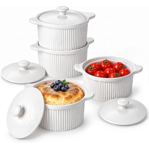image:imageDOWAN Ramekins with Lids Oven Safe 5 oz Creme Brulee Ramekin Souffle Dishes Porcelain Small Bowls with Cover and Handle for Baking Stackable Set of 4 White7 OZ